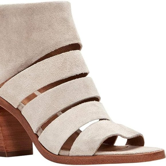 $328 Frye Tash Grey Suede Real Leather Cut Out Strappy Wood PeepToe Ankle Bootie - Picture 3 of 10